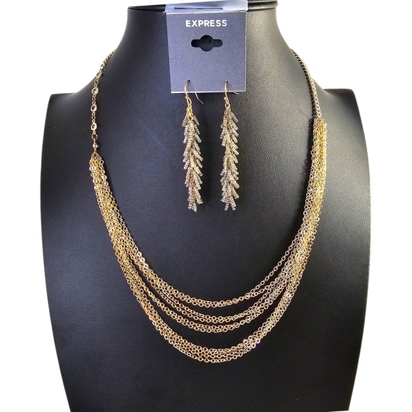 Express Jewelry - Express Gold Tone Multi Strand‎ Necklace and Beaded Dangle Earrings Set NWOT